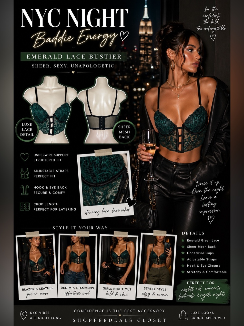 Emerald Green Lace Bustier Crop Top | Sheer Mesh Corset Lingerie Baddie